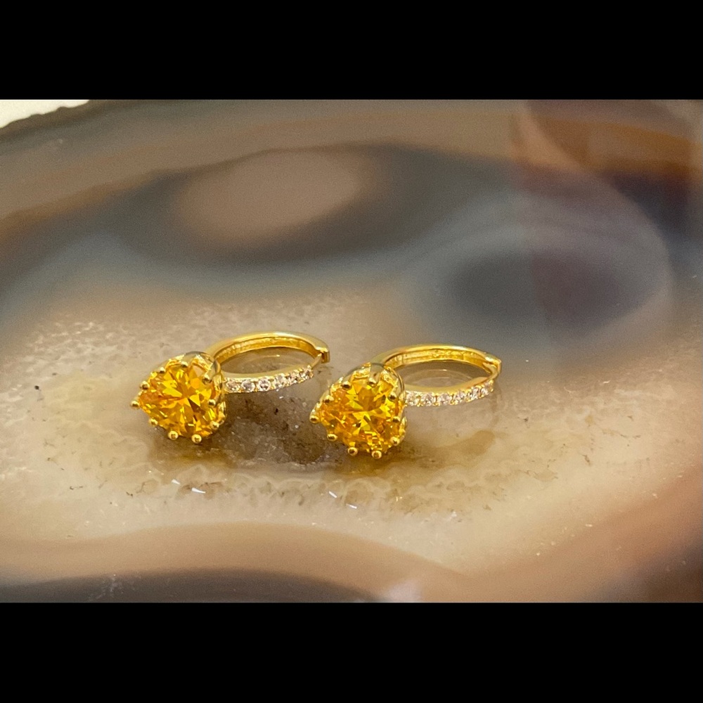 Gold yellow CZ heart huggie earrings topaz pave cubic zirconia small hoops
